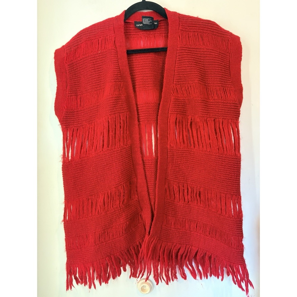 Vintage Andrea Jovine Red 100%‎ Wool Fringe Knit Vest Cardigan Small